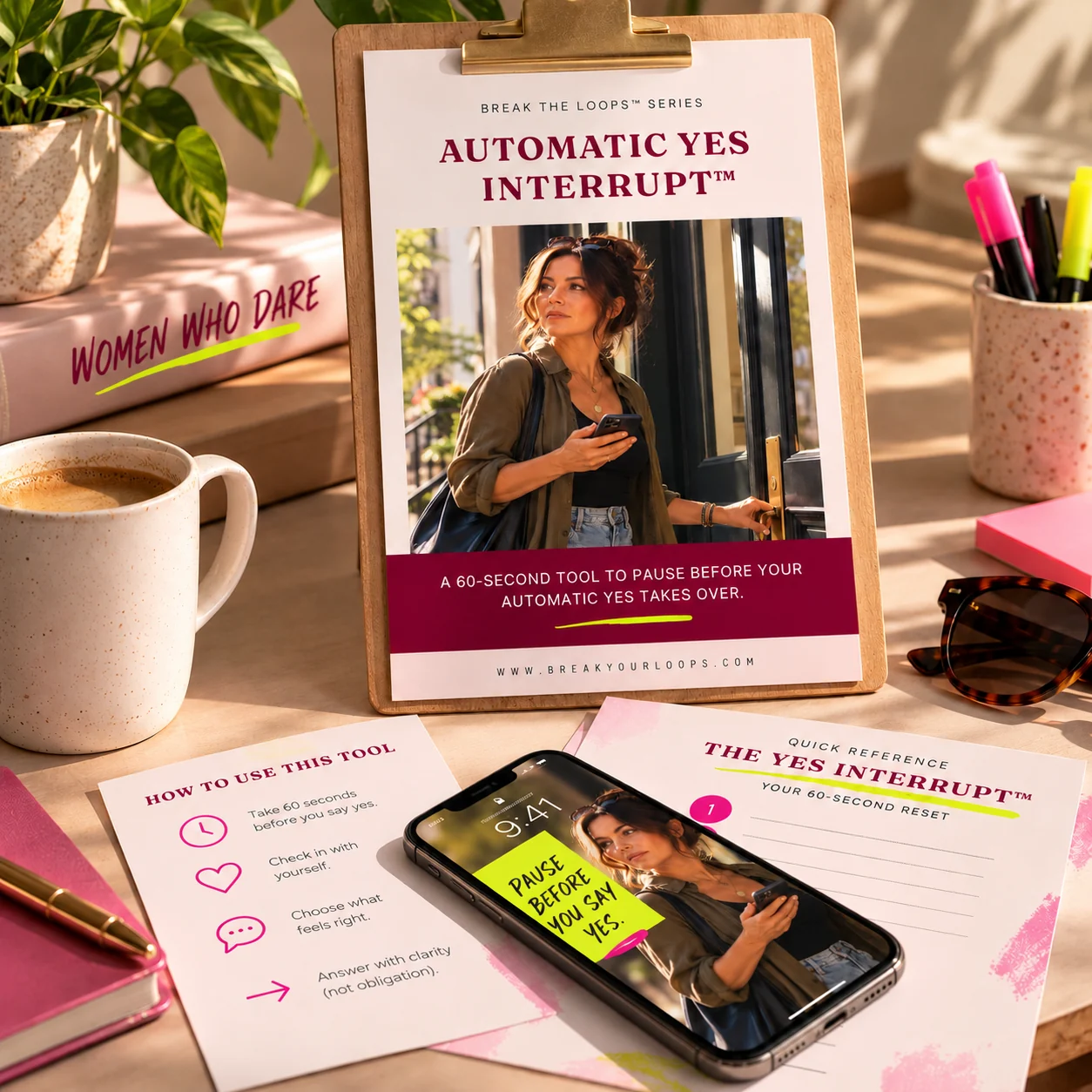The Automatic Yes Interrupt bundle: a decision tool, a printable quick-reference card and a phone lock screen.
