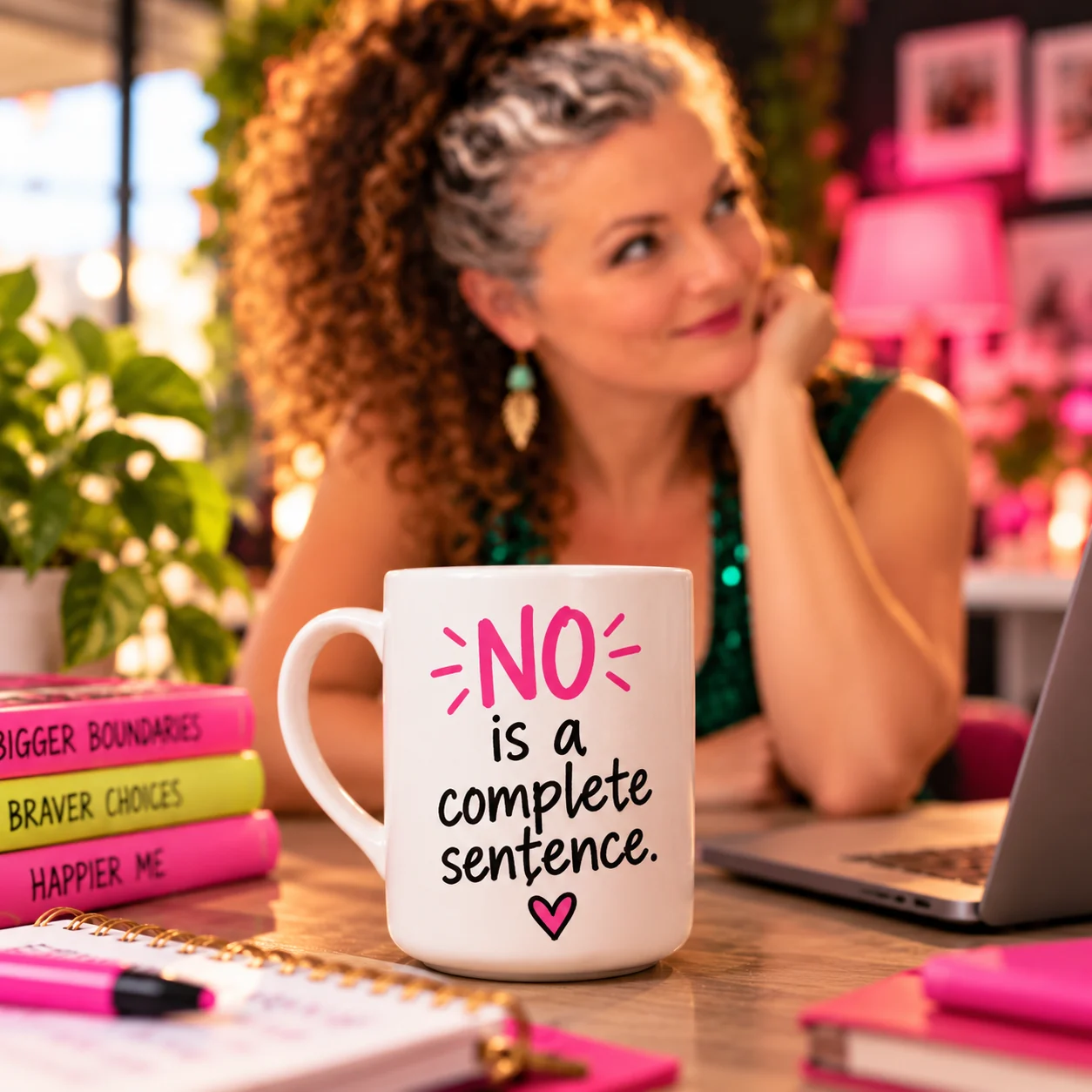 A mug reading ‘NO is a complete sentence’ on Karine’s desk.