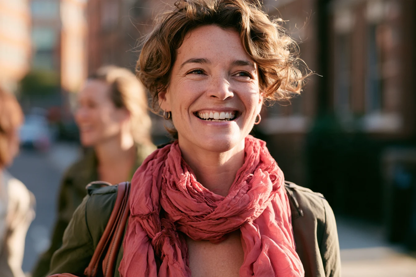 A smiling woman outdoors wearing a pink scarf.