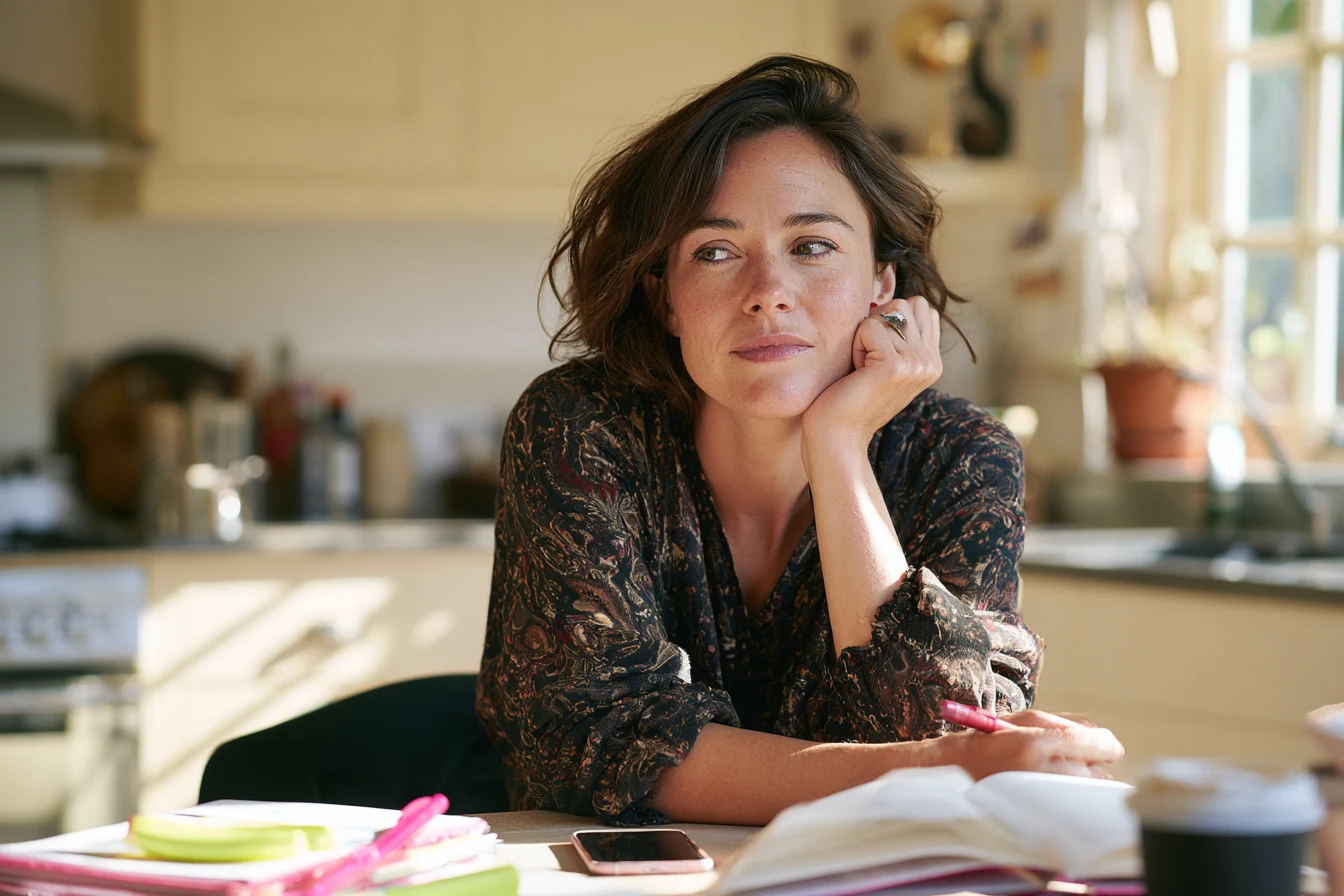 A woman taking a thoughtful pause at a table with an open notebook and phone.
