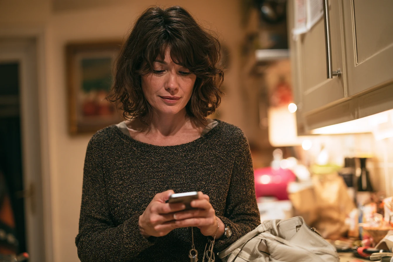 A woman looking at a message on her phone at home.