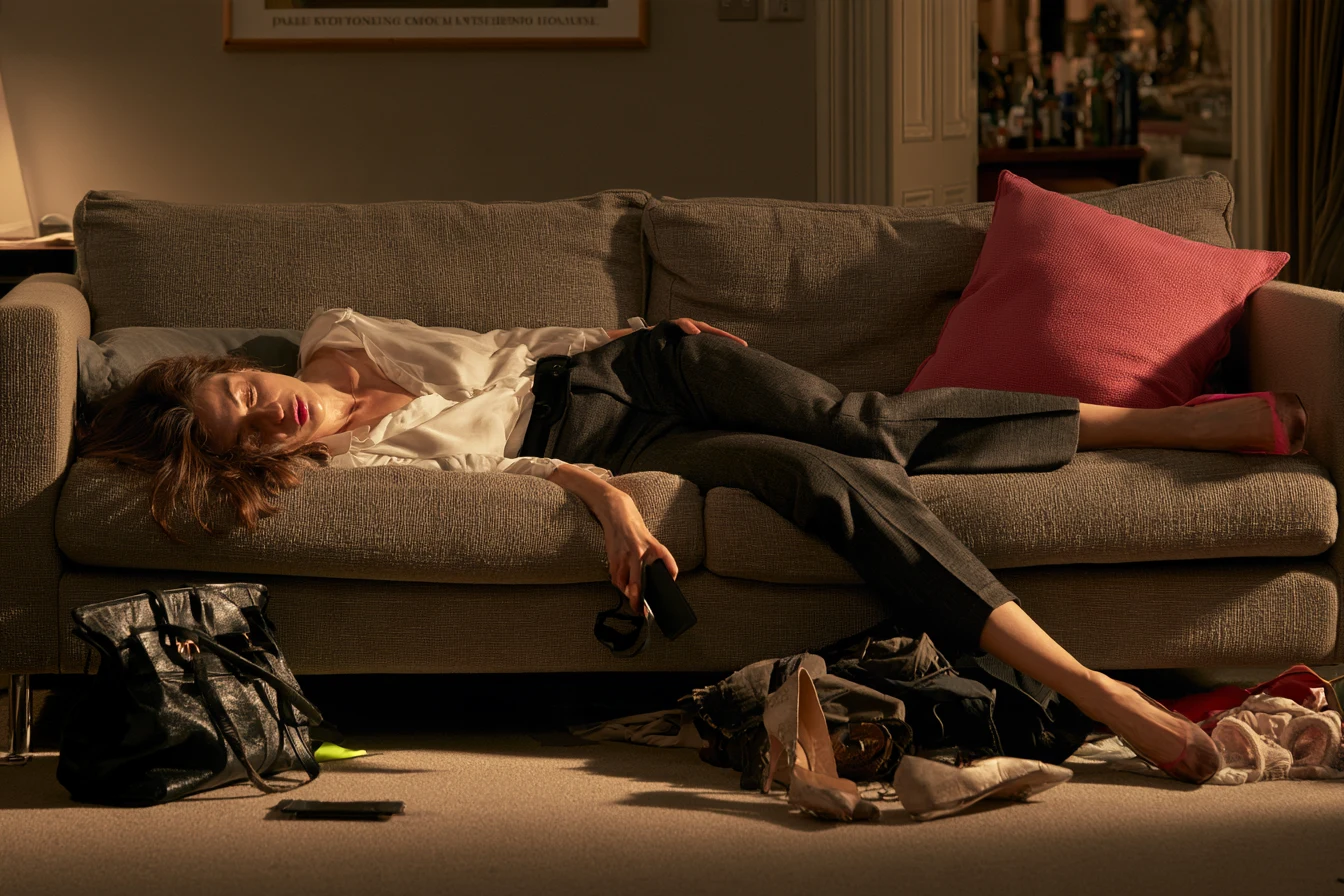 An exhausted woman lying on a sofa, with her bag and shoes nearby.