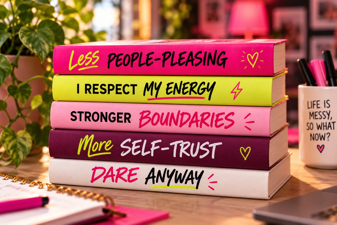 A stack of books: Less People-Pleasing, I Respect My Energy, Stronger Boundaries, More Self-Trust, and Dare Anyway.
